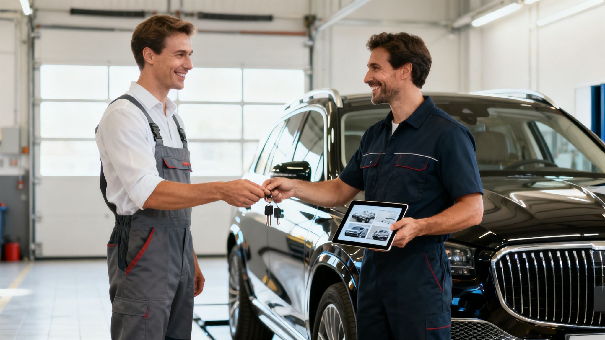 Dos mecánicos sonrientes intercambian las llaves del coche en un taller, con un SUV negro.