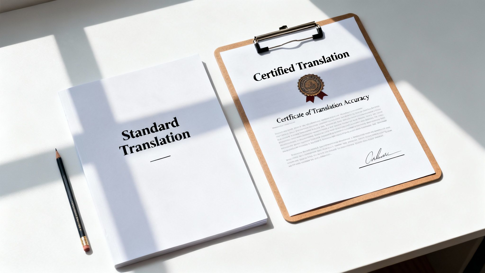 Standard and certified translation documents side-by-side with a pencil on a sunlit white desk.