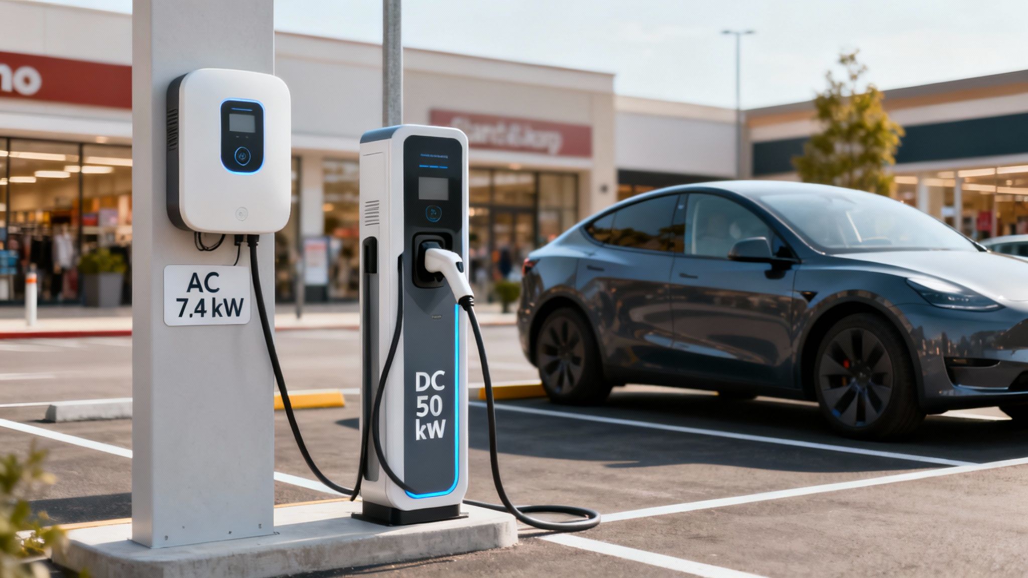 Estación de carga para coches eléctricos con cargadores AC y DC, un Tesla cargando en un estacionamiento.
