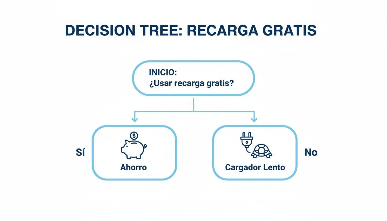 Árbol de decisión sobre si usar la recarga gratuita, resultando en ahorro o cargador lento.