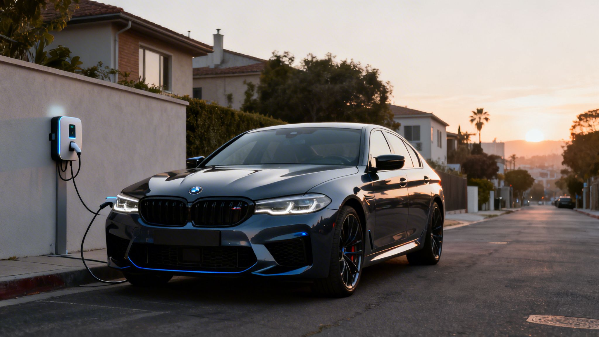 BMW M5 oscuro cargando en un punto de carga residencial al atardecer en una calle.