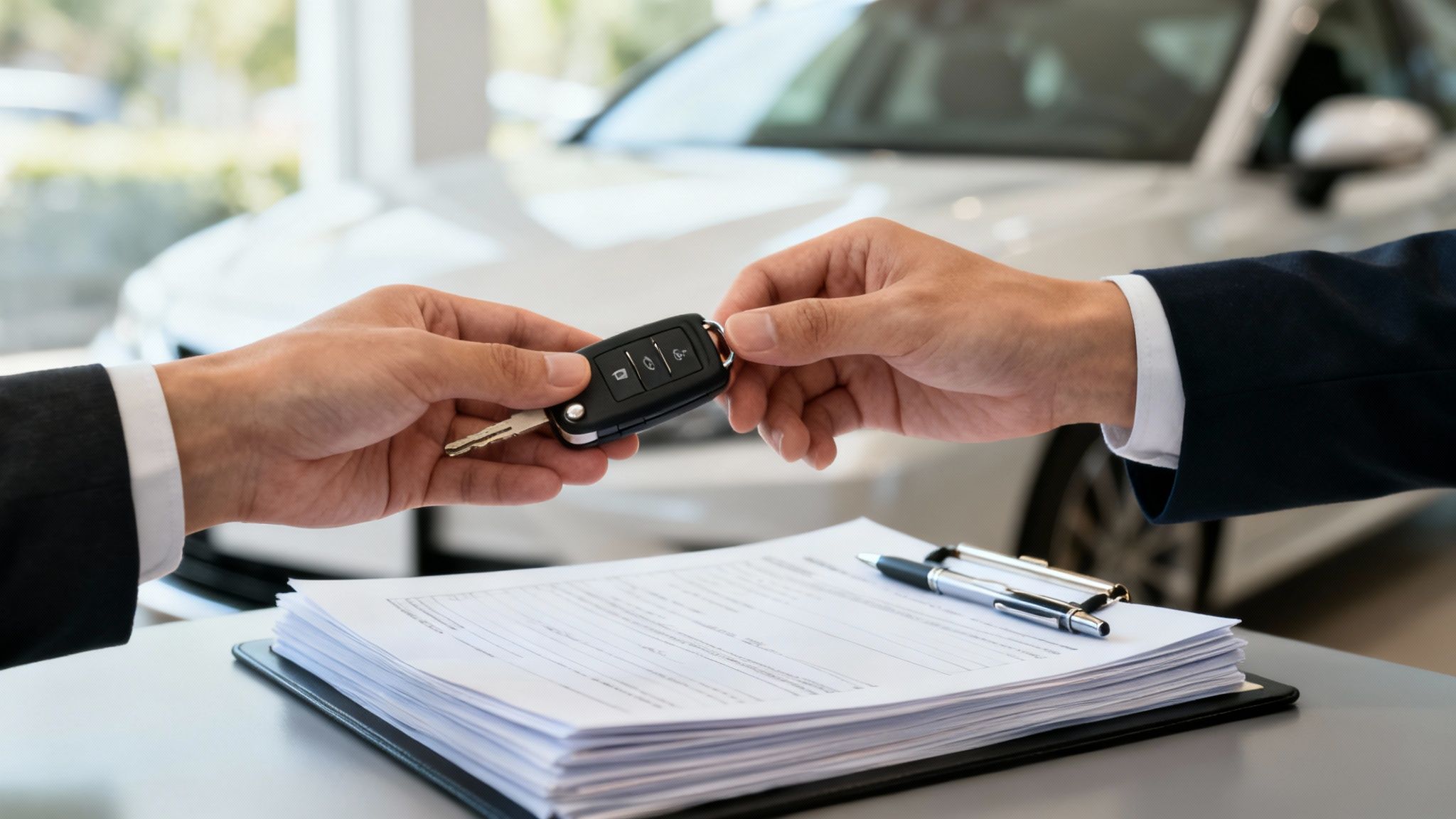 Manos intercambiando una llave de coche sobre documentos de venta con un coche de fondo.