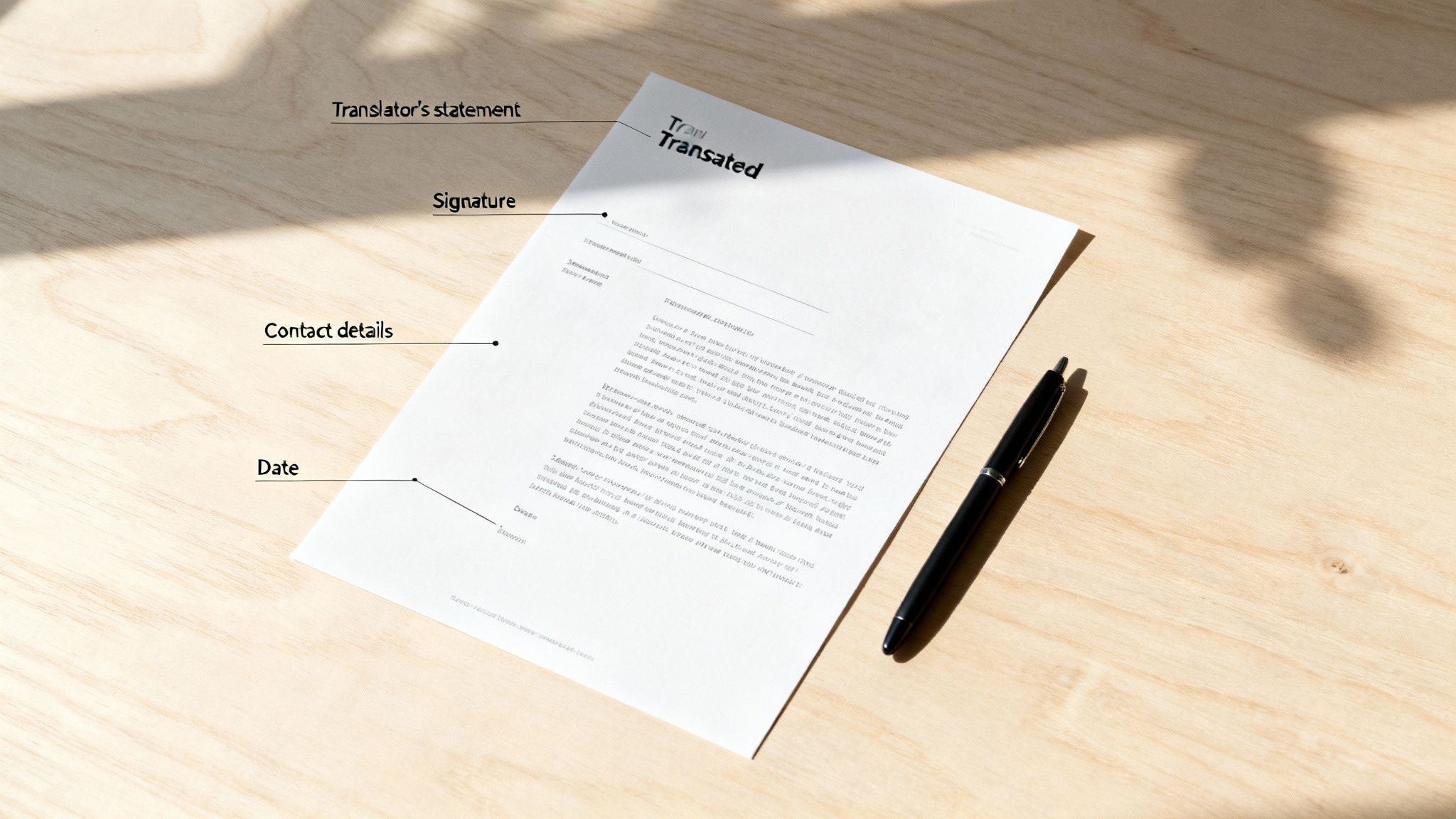 A close-up of a translated document with sections for a signature, contact details, and date, on a wooden desk with a pen.