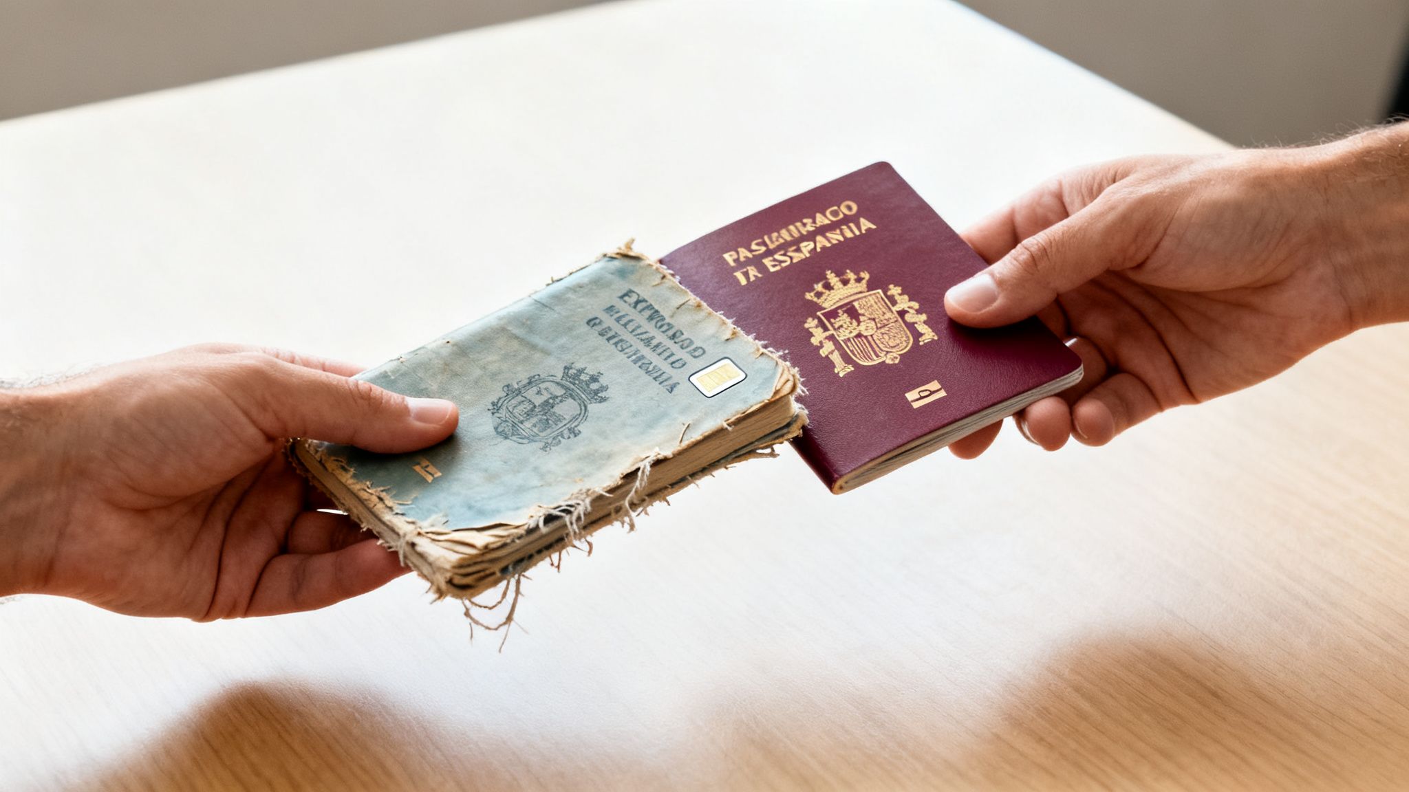 Dos manos sujetan un pasaporte español moderno y un documento antiguo con un chip SIM.