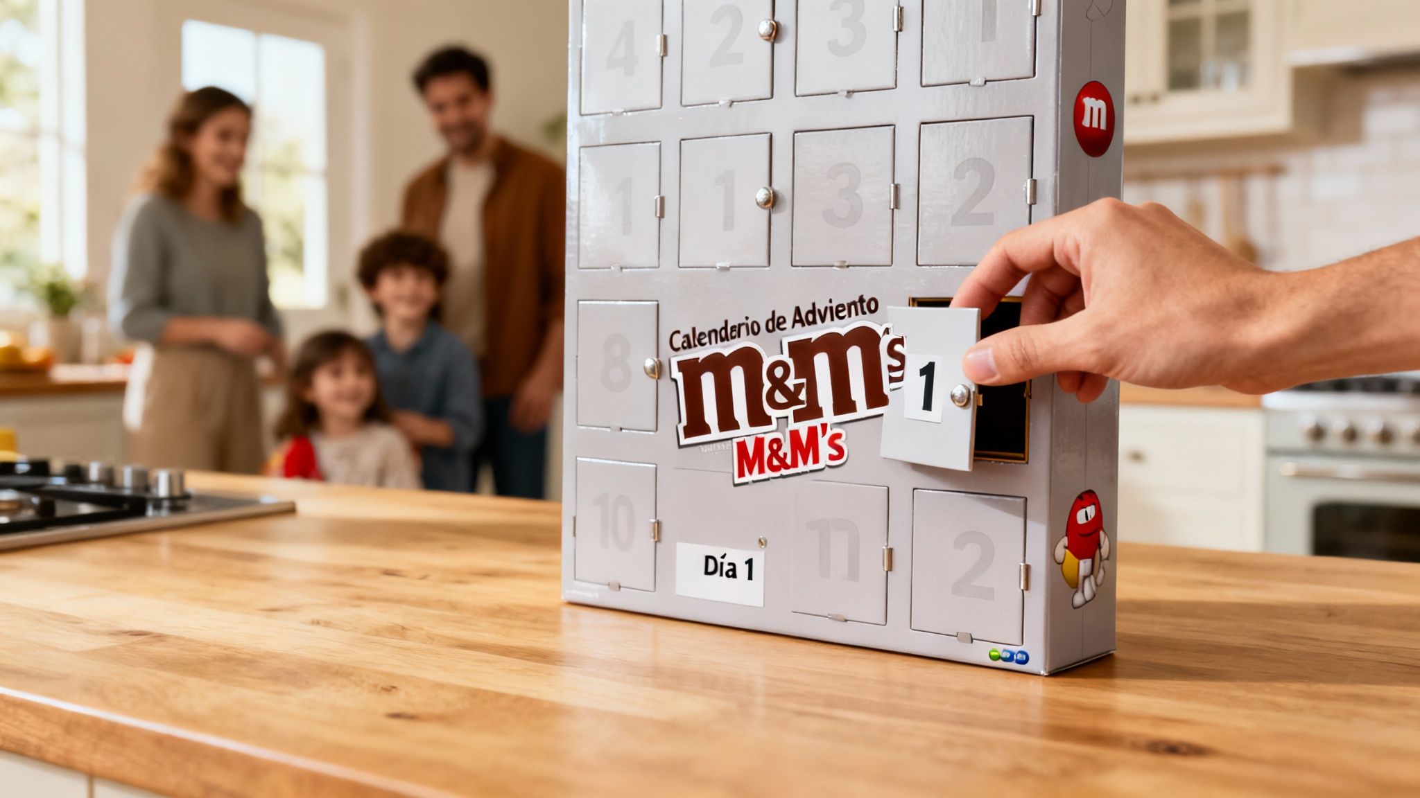 Un hombre abre un calendario de adviento de M&M's en una cocina con su familia al fondo.