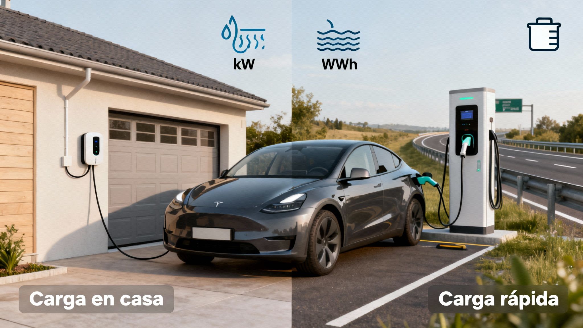 Comparativa de carga de coches eléctricos: en casa con un cargador de pared y carga rápida en estación pública.