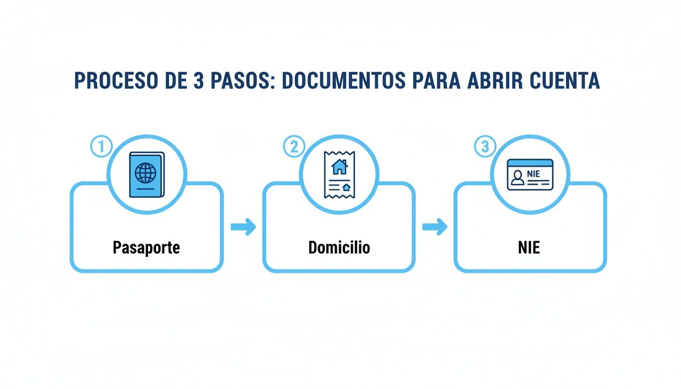 Diagrama de 3 pasos para abrir una cuenta bancaria: pasaporte, comprobante de domicilio y NIE.