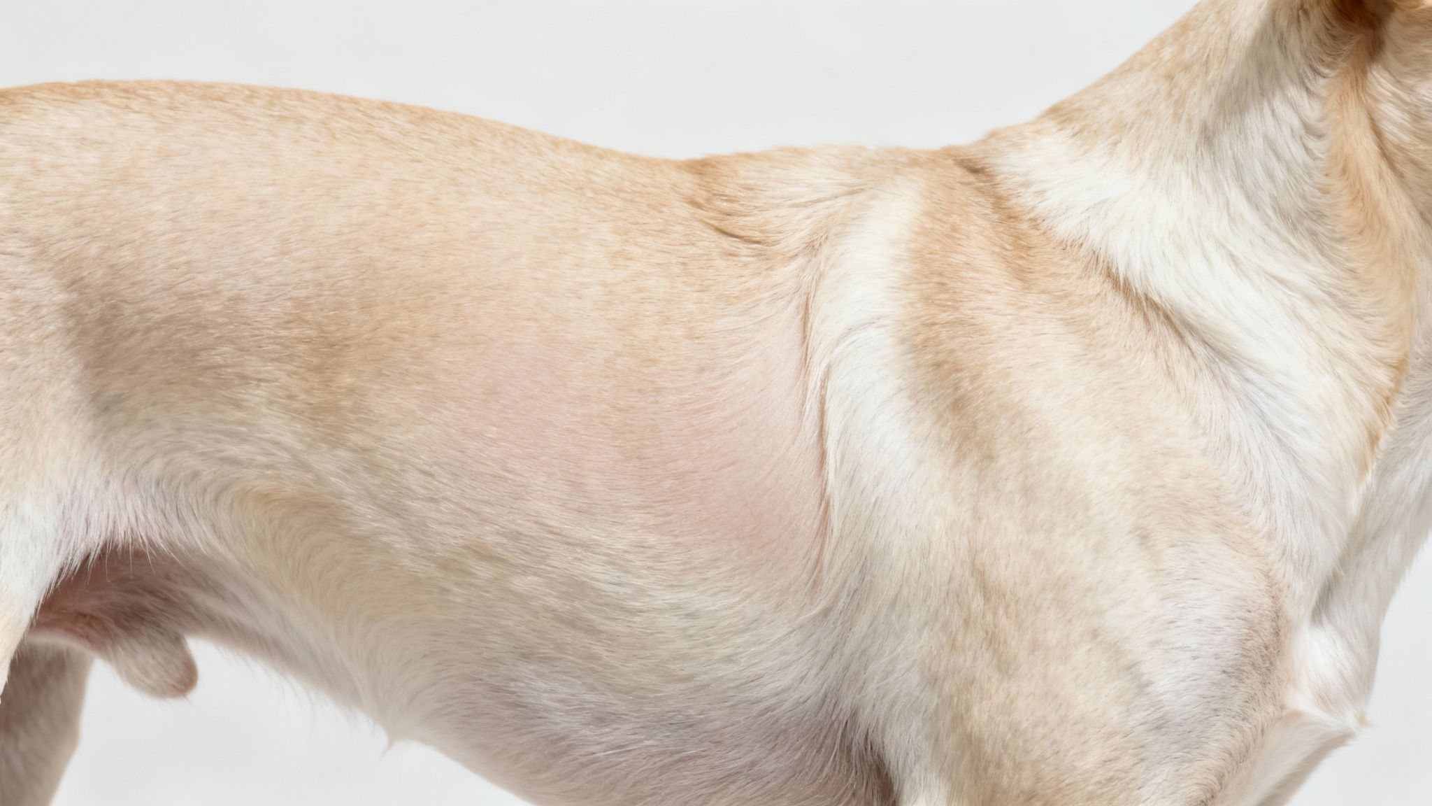 Primer plano del costado de un perro de pelaje claro, mostrando su piel y textura del pelo.