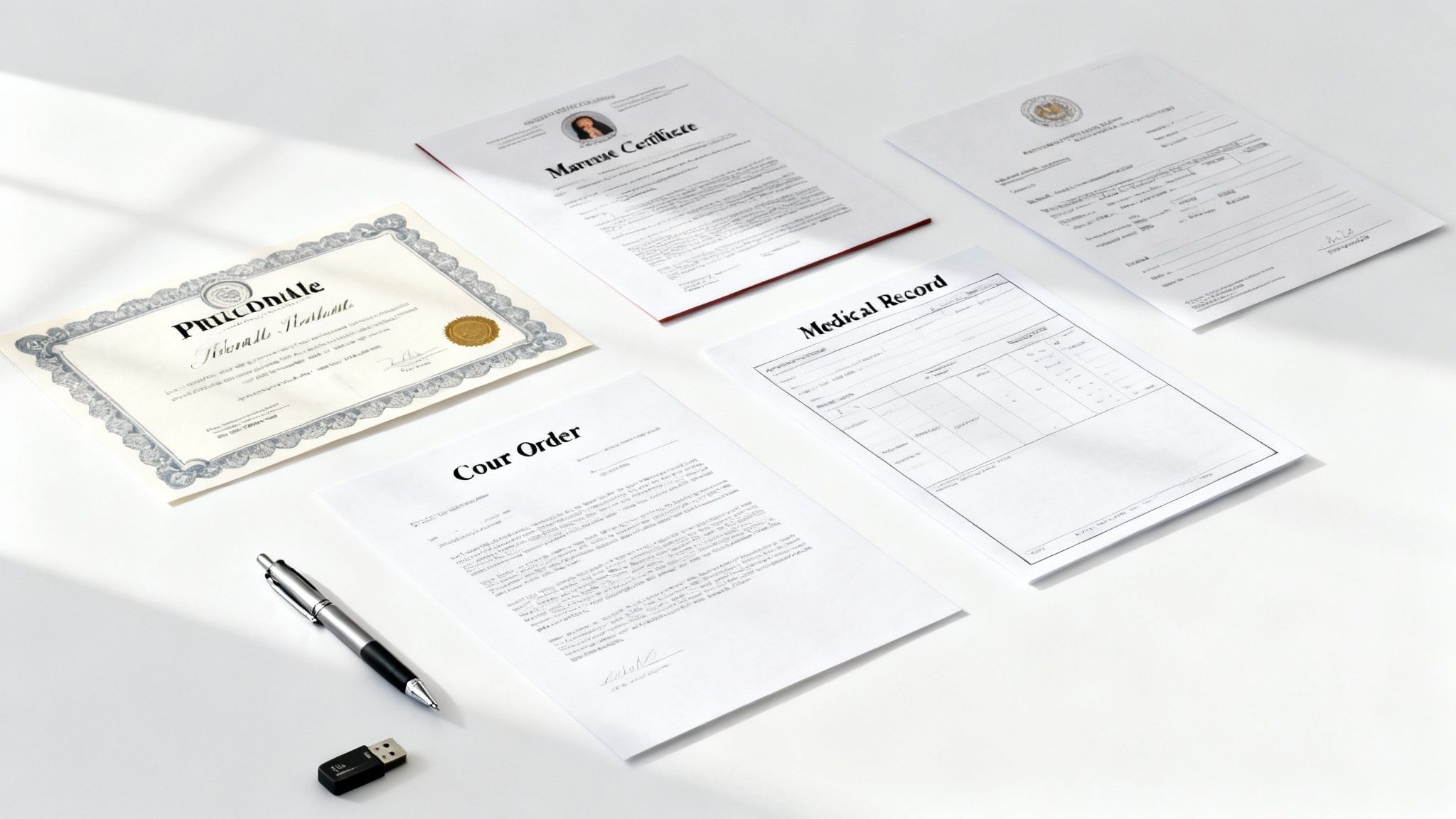 A flat lay of important legal and personal documents like a diploma, marriage certificate, medical record, and court order, with a pen.