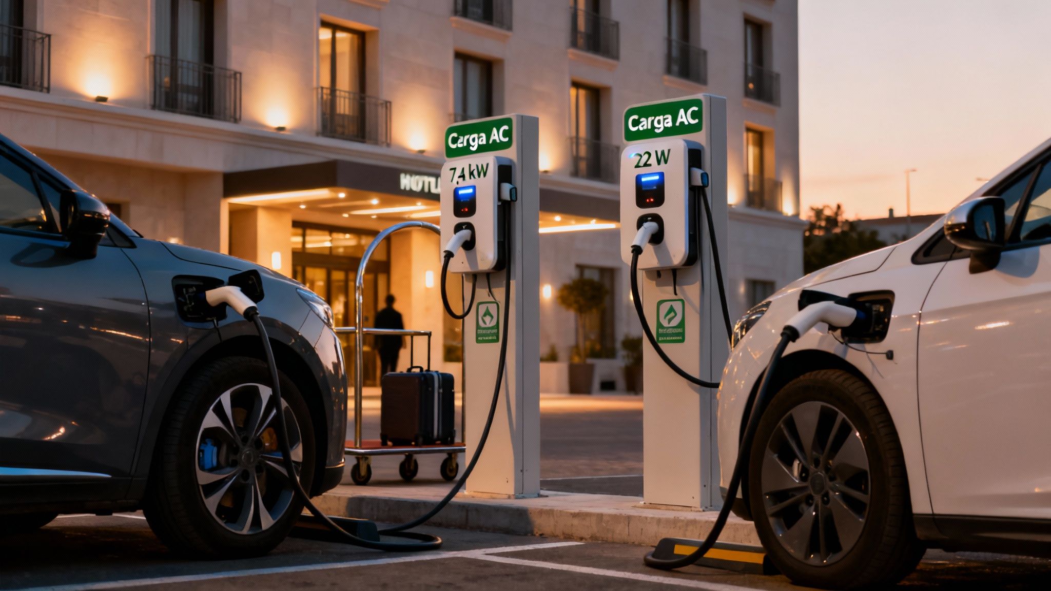 Dos coches eléctricos cargando en estaciones de carga frente a un hotel, iluminado al anochecer.