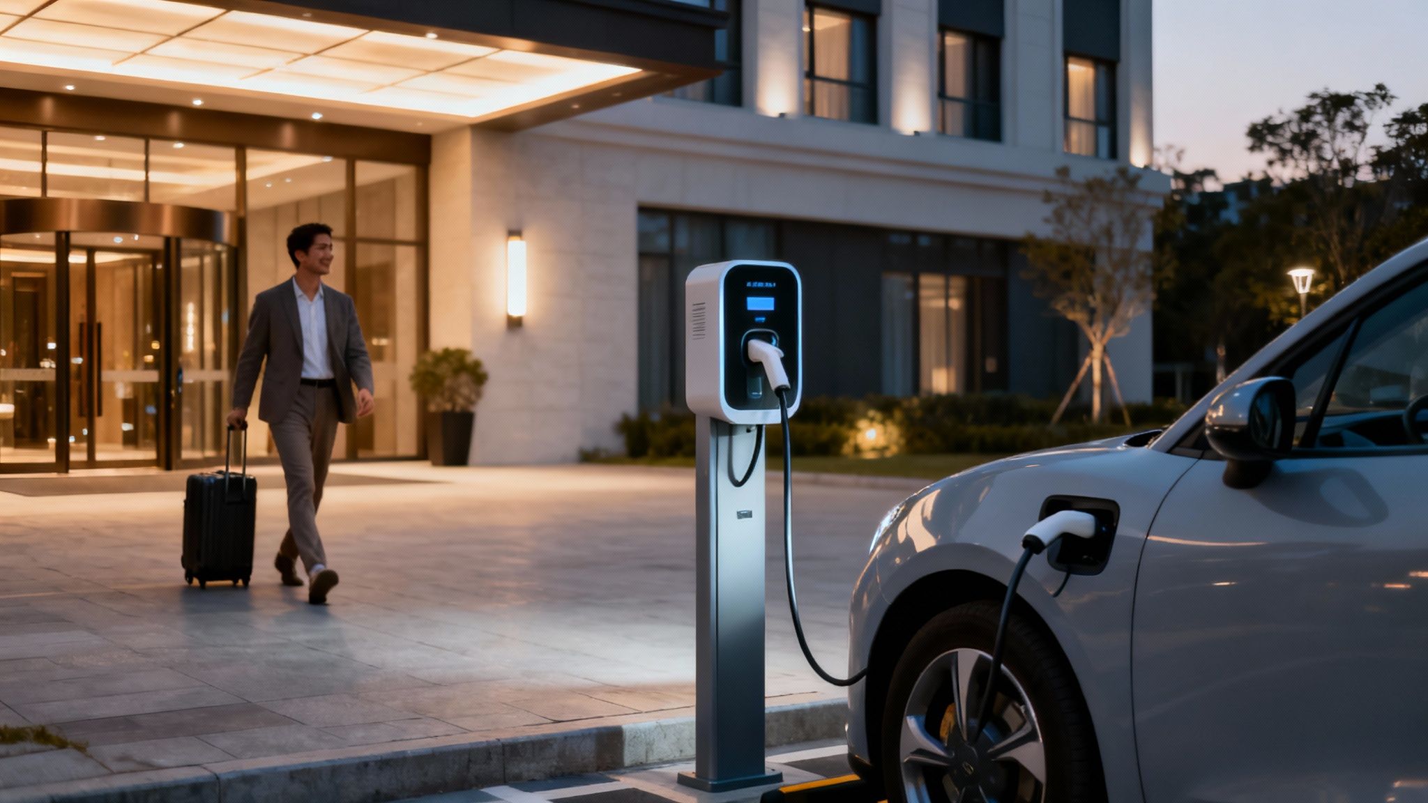 Hombre con maleta camina junto a coche eléctrico cargándose en estación frente a hotel moderno.