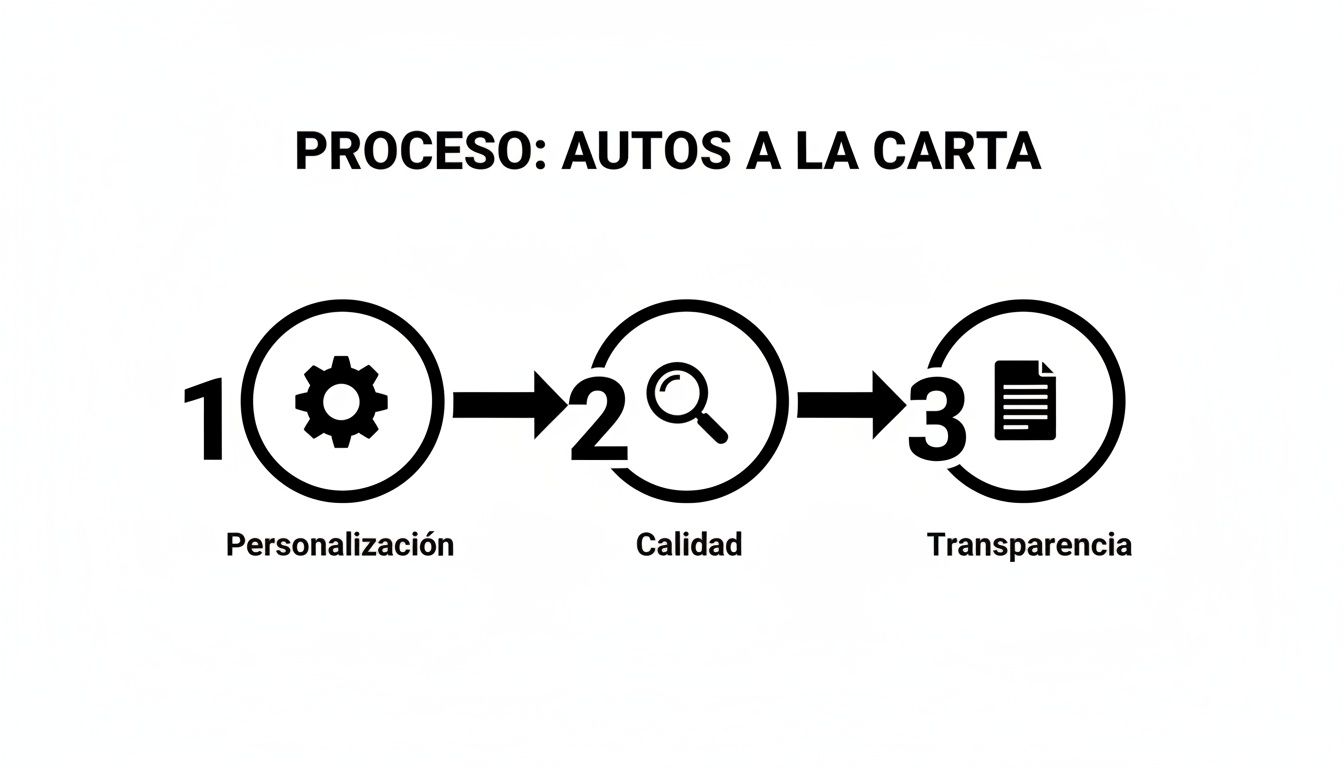 Diagrama de flujo que ilustra el proceso de 'Autos a la Carta' con tres pasos clave: Personalización, Calidad y Transparencia.