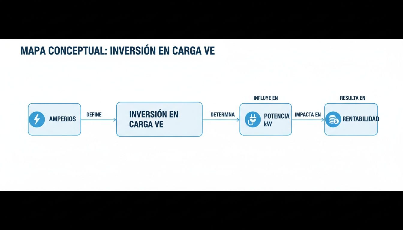 Mapa conceptual que describe la relación entre amperios, inversión en carga VE, potencia y rentabilidad.