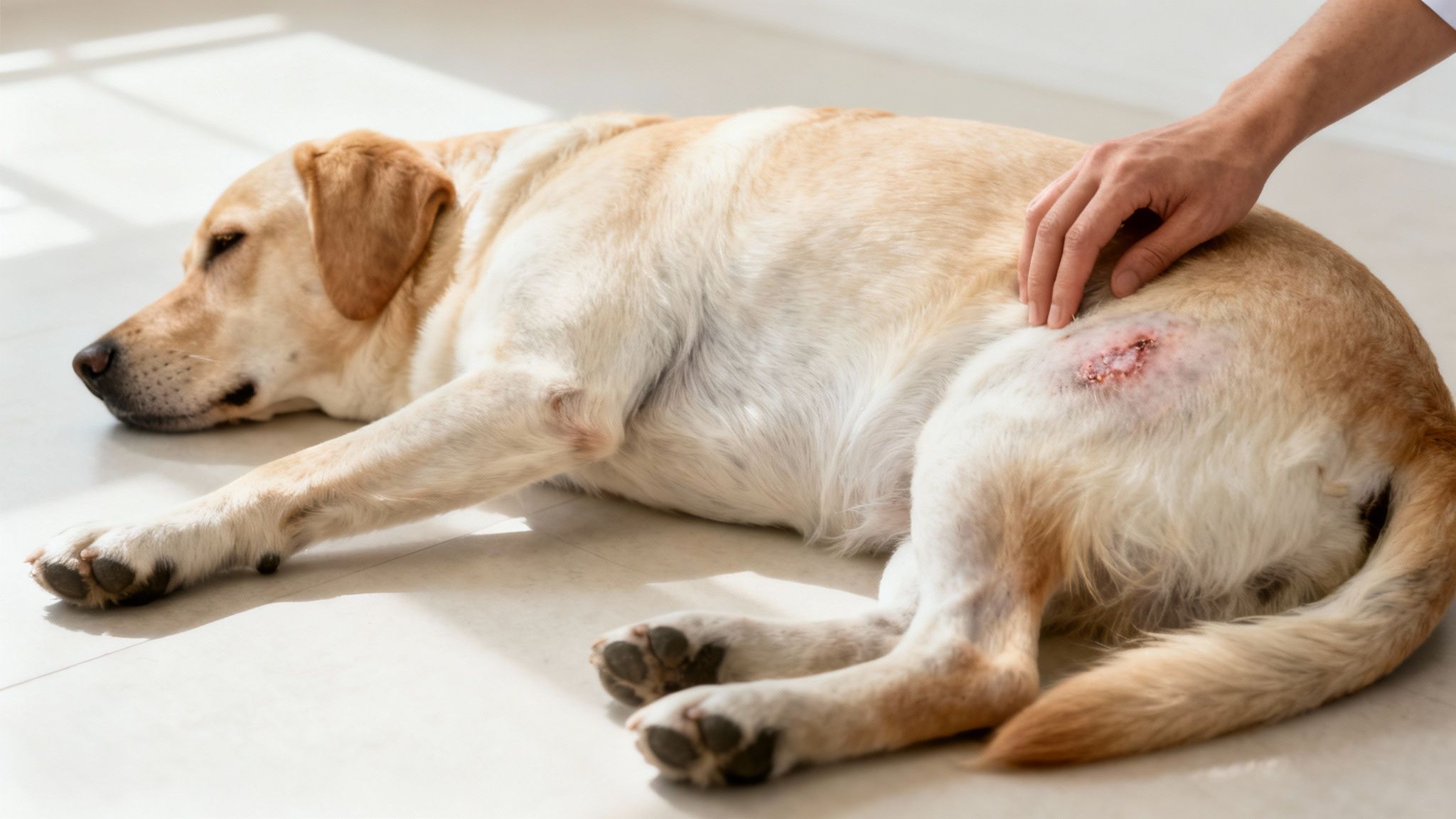 Perro labrador acostado con una herida en la piel, una mano humana lo acaricia suavemente.