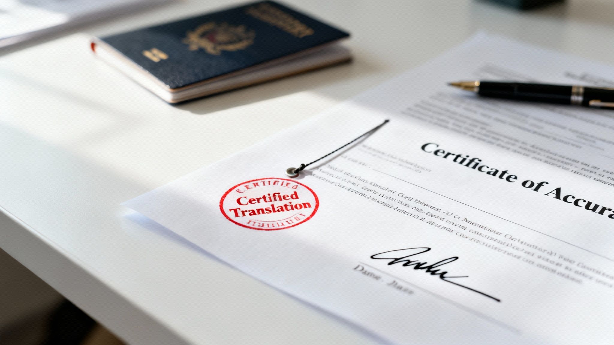 A certified translation document with a red stamp, passport, and pen on a white desk.