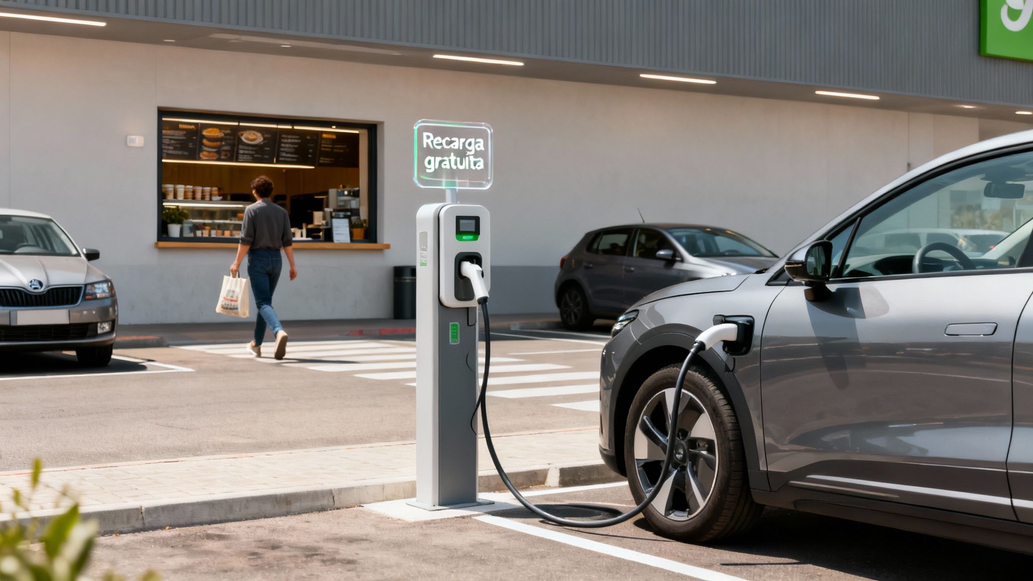 Coche eléctrico gris cargando gratis en un punto de recarga exterior, con una persona caminando cerca de una tienda.