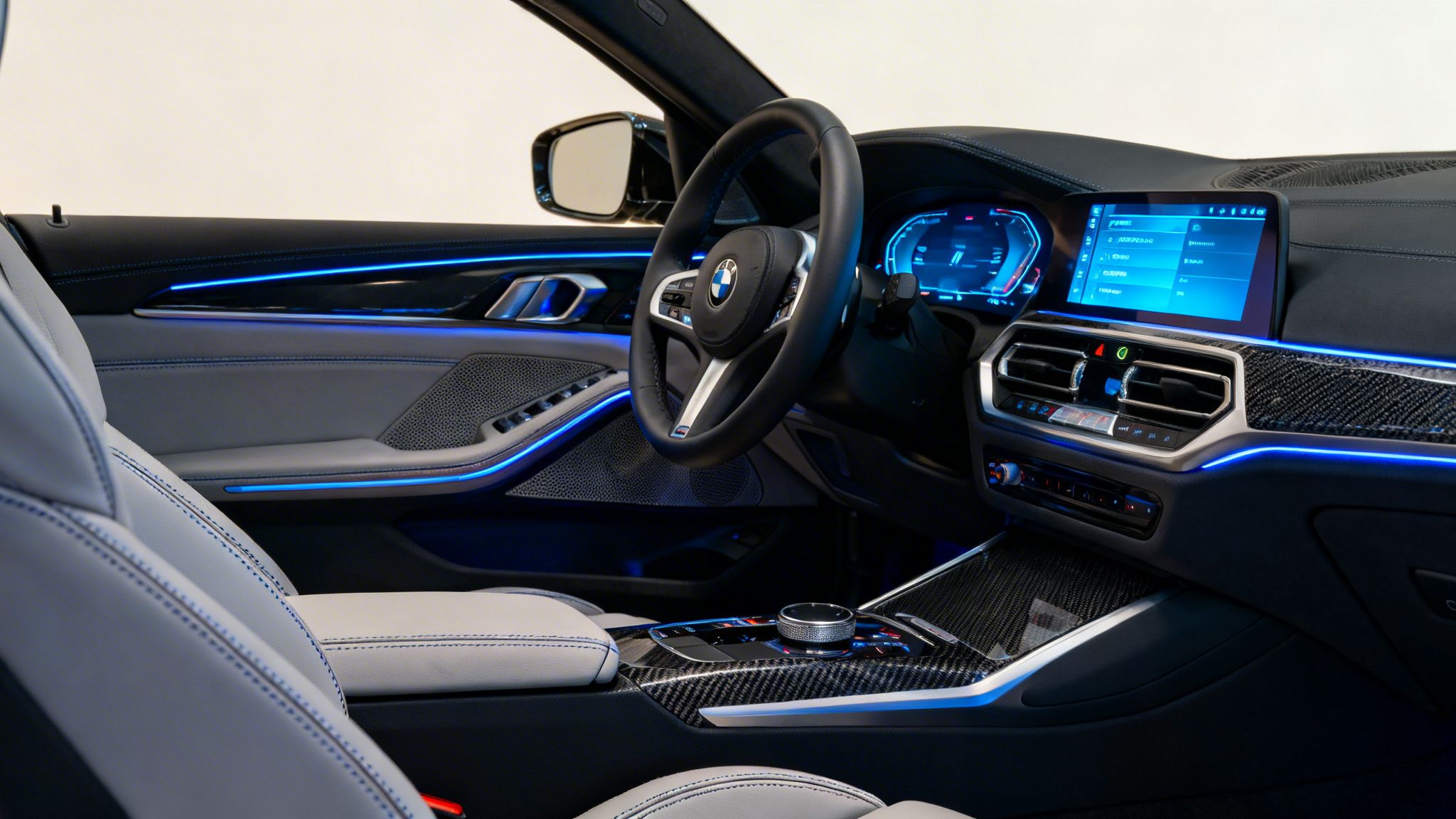 Lujoso interior de BMW con iluminación ambiental azul, pantallas digitales, detalles de carbono y asientos de cuero.