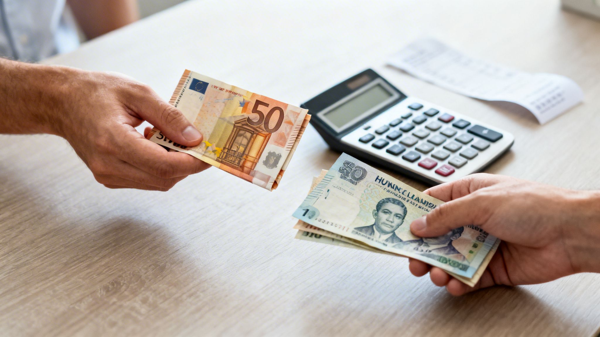 Dos manos intercambian billetes de euros y lempiras hondureños sobre una mesa con calculadora y recibo.