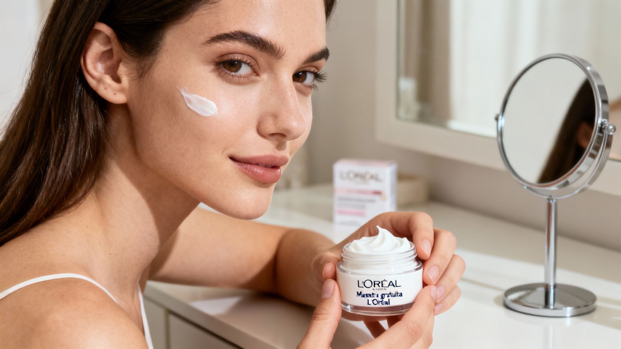 Mujer joven sonríe mientras aplica crema L'Oréal en su rostro, con un tarro en mano.