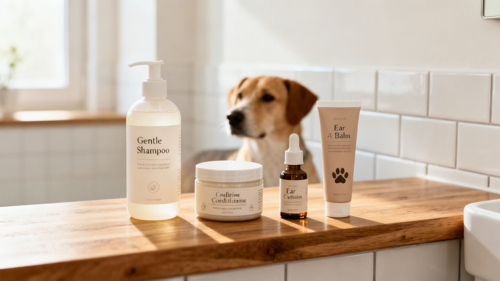 Productos naturales para el cuidado de perros, incluyendo champú, acondicionador, gotas y bálsamo, en un baño.