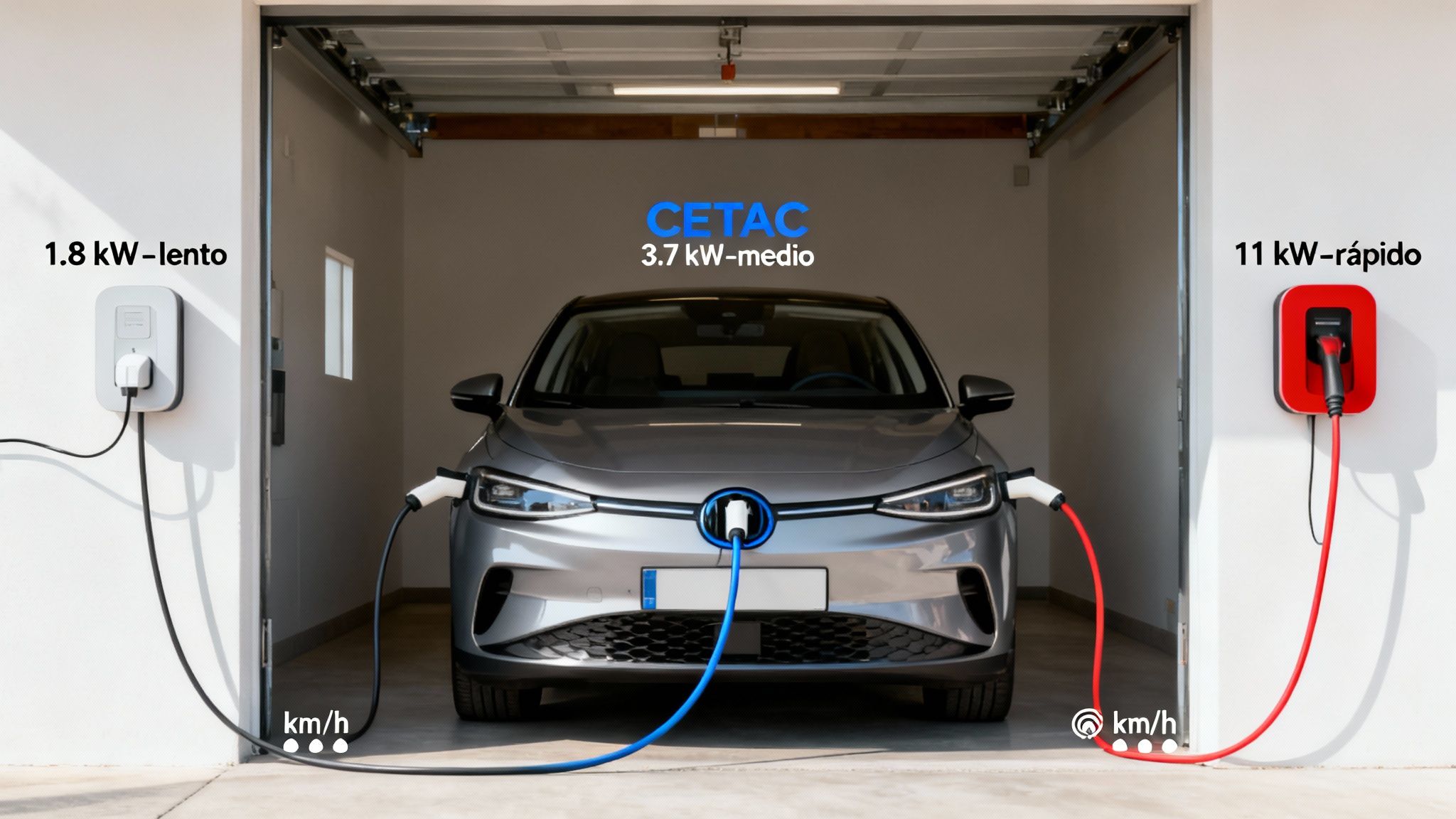 Coche eléctrico en garaje con tres puntos de carga: lento (1.8 kW), medio (3.7 kW) y rápido (11 kW).