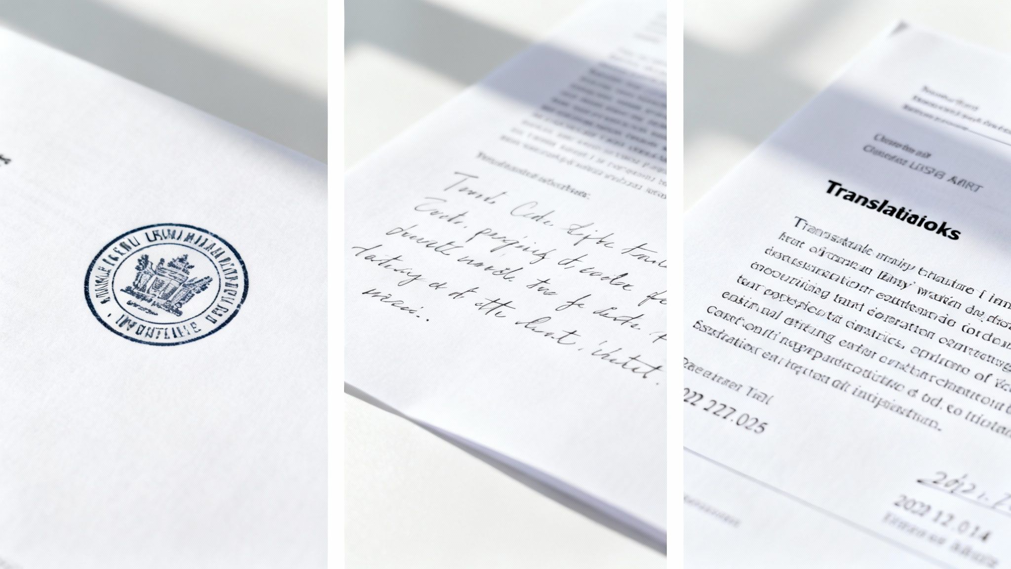 Close-up of three documents, showing a blue seal, handwritten text, and printed translation.