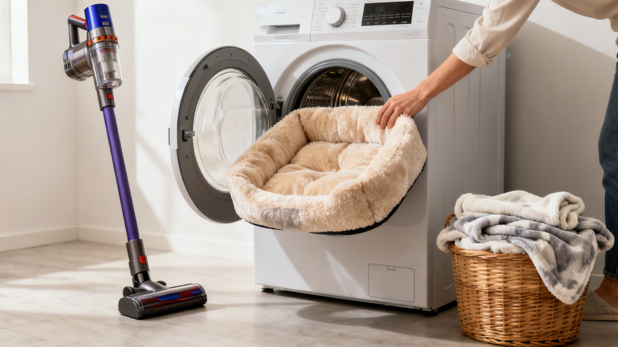 Una persona colocando una cama de perro mullida en una lavadora, con una aspiradora moderna al lado.