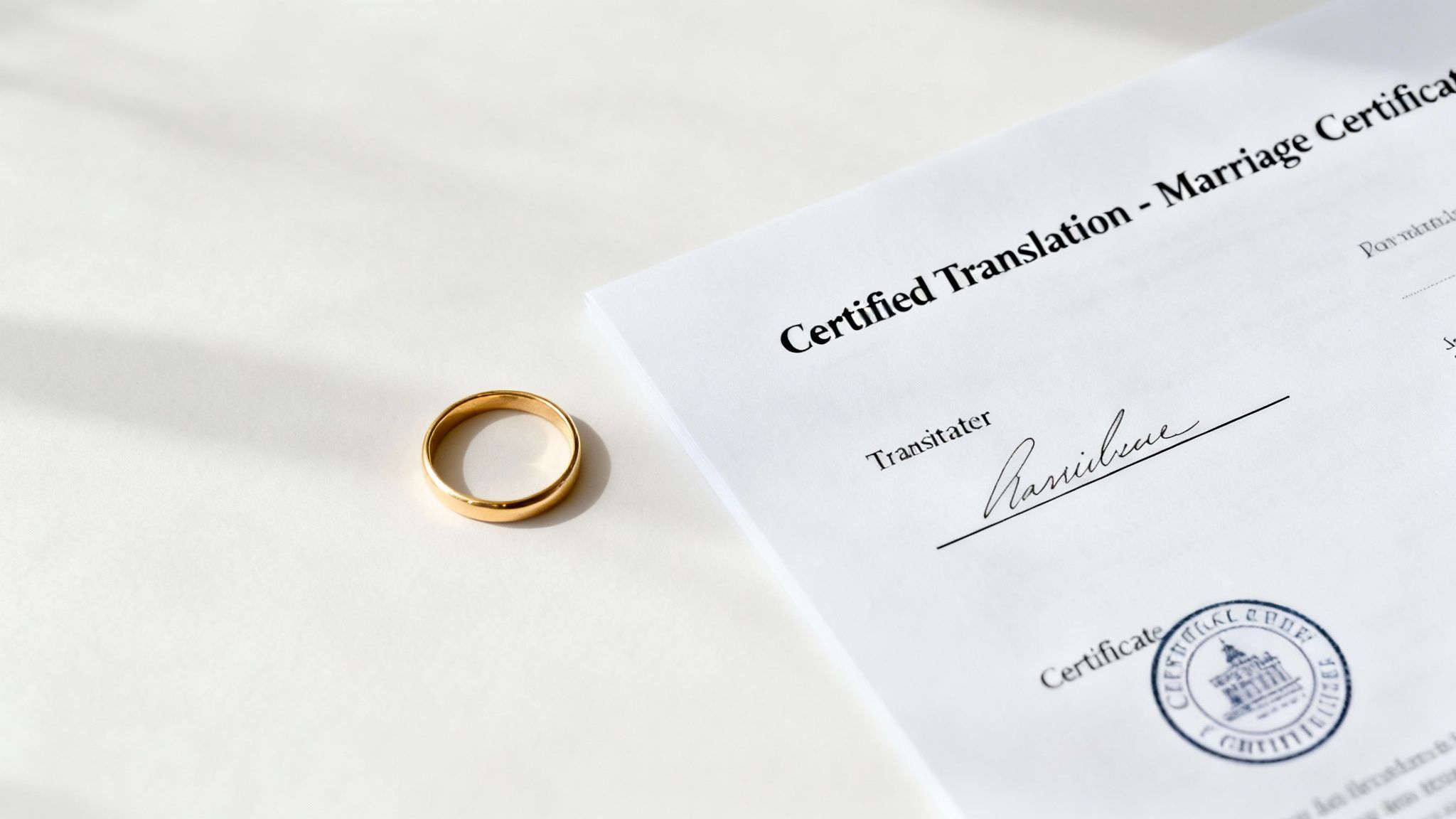 A gold wedding band rests next to a document titled 'Certified Translation - Marriage Certificate' with a signature and stamp.