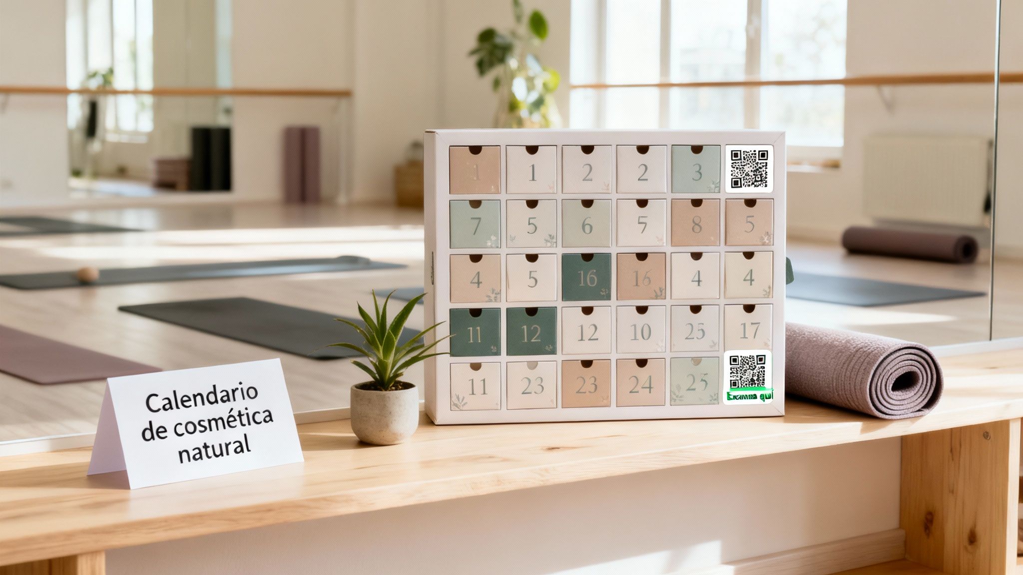 Calendario de adviento de cosmética natural sobre una mesa de madera en un luminoso estudio de yoga.
