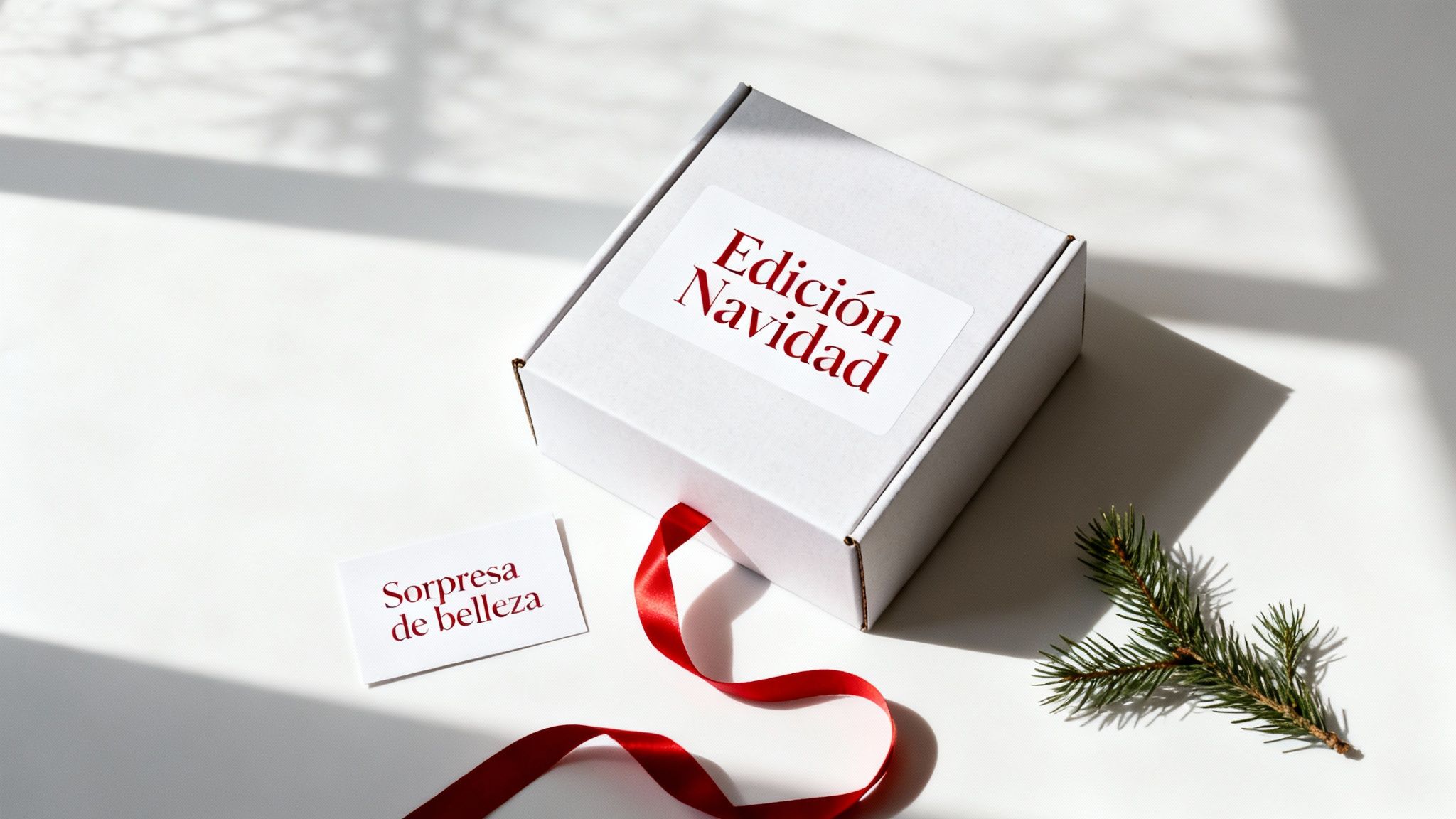 Caja blanca de 'Edición Navidad' con cinta roja, tarjeta 'Sorpresa de belleza' y rama de pino.