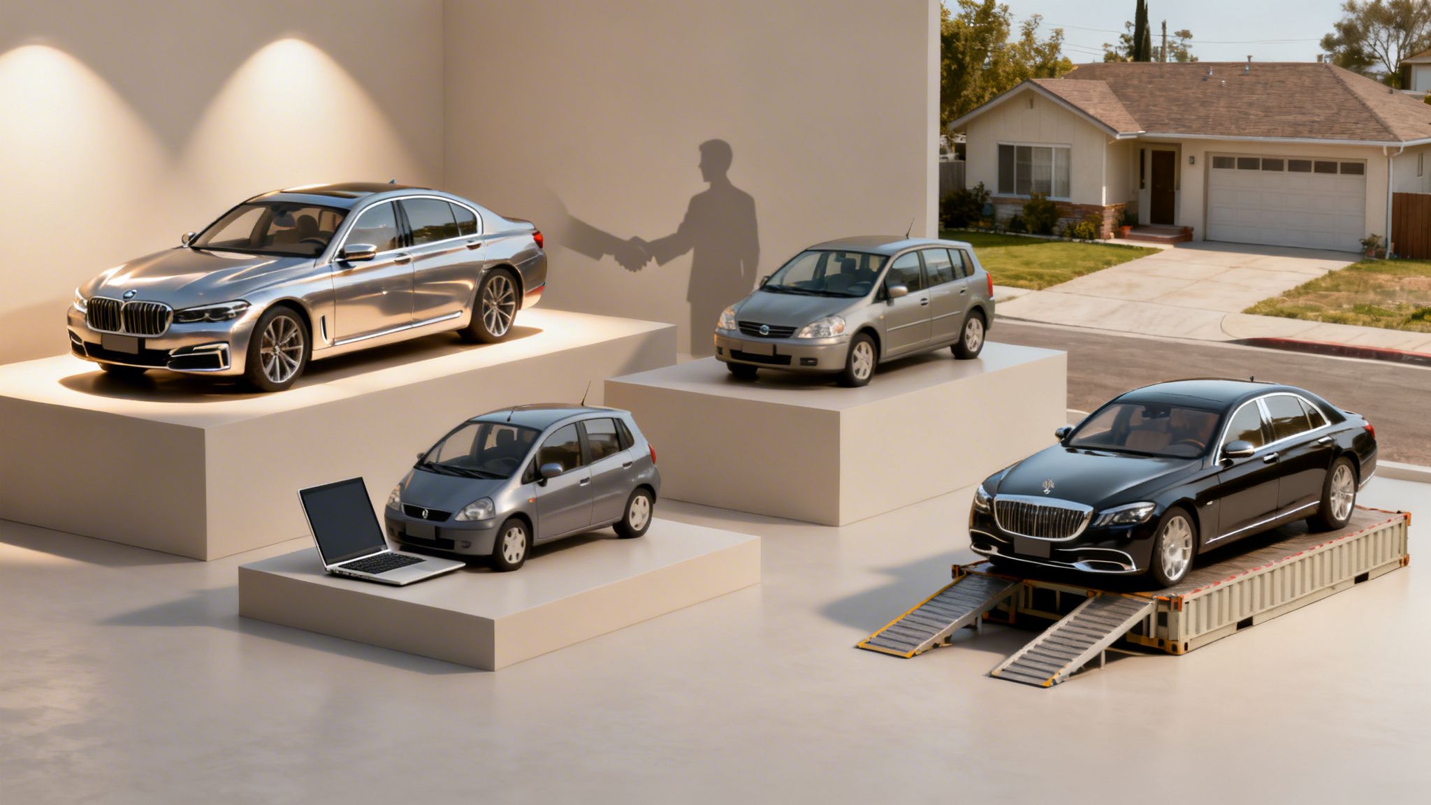 Coches de lujo y compactos en exhibición, simulando la compraventa de vehículos con una casa de fondo.
