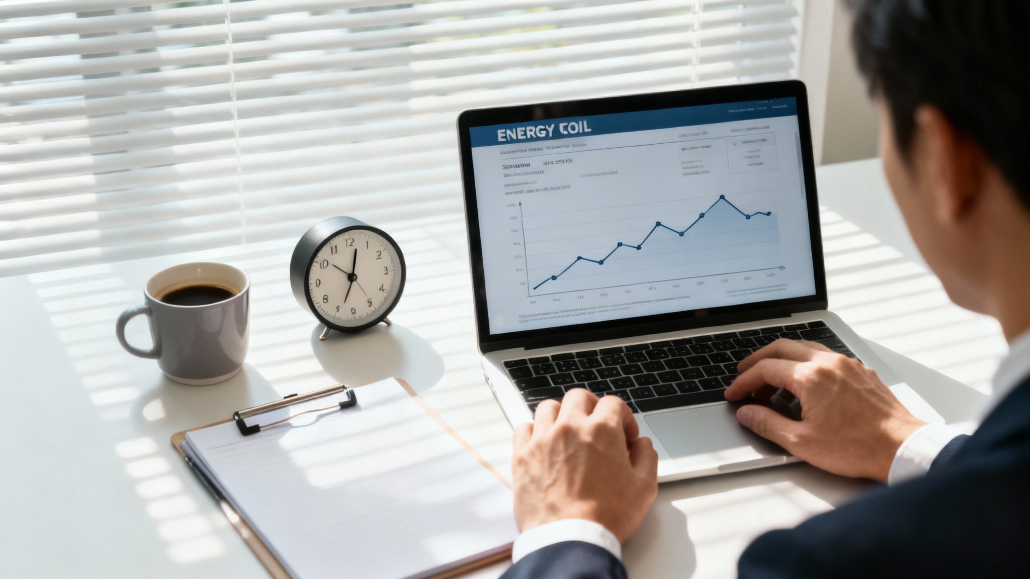 Hombre analizando datos de energía en su laptop, con café y reloj, en un escritorio soleado.