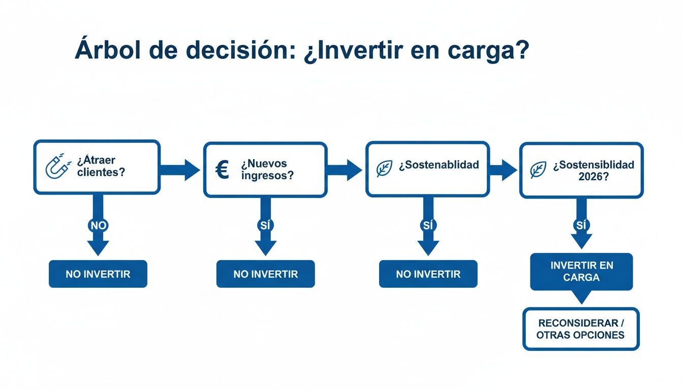 Árbol de decisión para invertir en carga, evaluando atracción de clientes, nuevos ingresos y sostenibilidad hasta 2026.