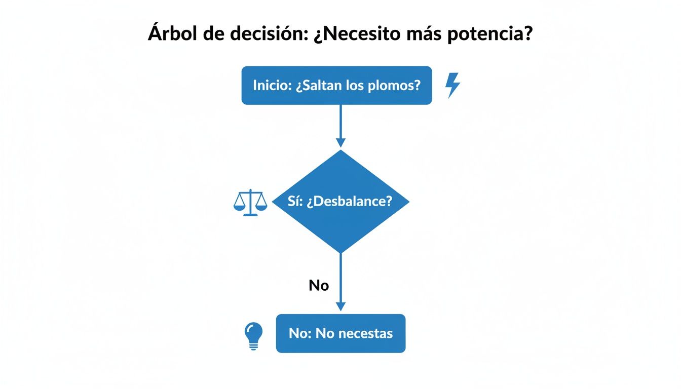 Árbol de decisión que guía si necesitas más potencia eléctrica, preguntando si saltan los plomos o hay desbalance.
