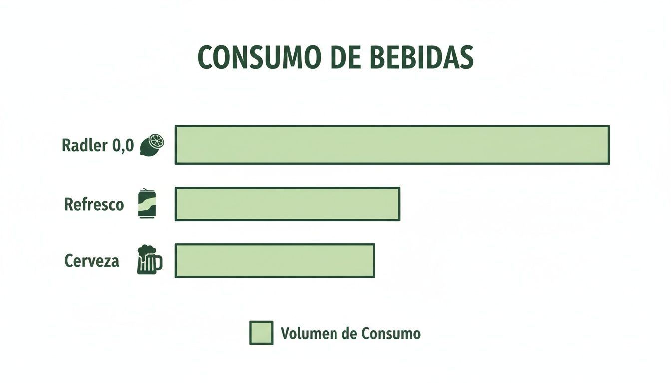 Gráfico de barras horizontal que muestra el volumen de consumo de Radler 0,0, refrescos y cerveza.