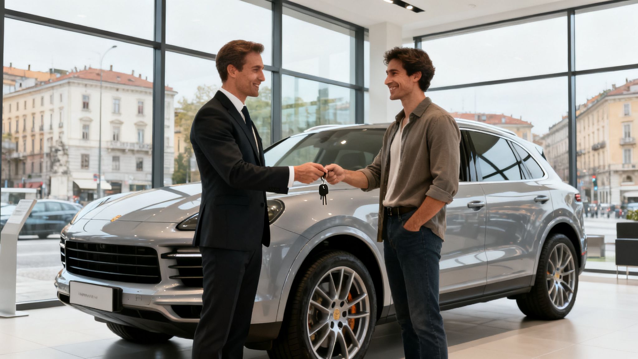 Dos hombres sonrientes intercambian las llaves de un coche de lujo en un concesionario, simbolizando una venta exitosa.