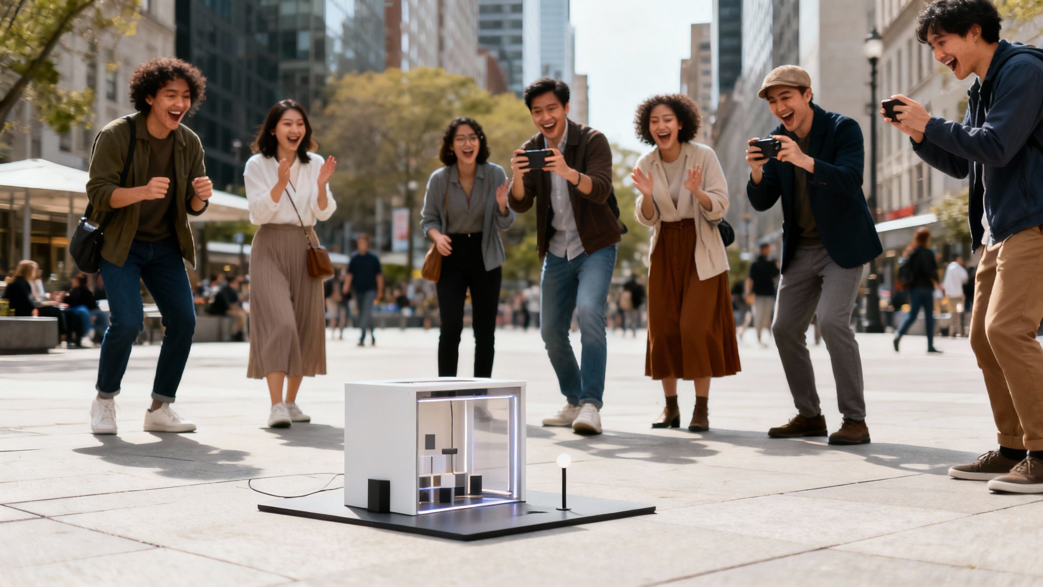 Un grupo de jóvenes emocionados interactúa con un cubo de juego blanco en una plaza de la ciudad, riendo y usando teléfonos inteligentes.