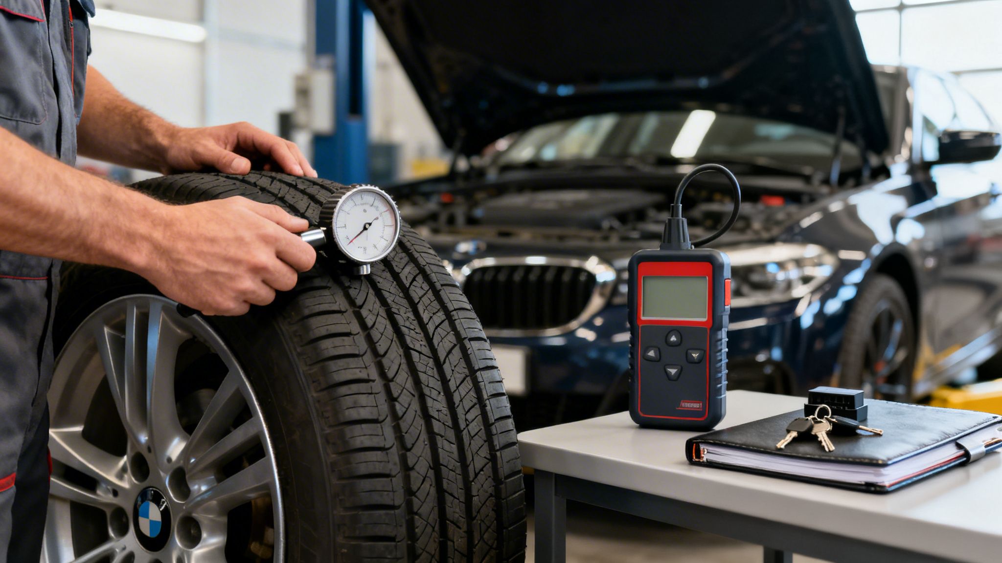 Mecánico revisando la presión de un neumático con un manómetro en un taller, con un coche y herramientas.
