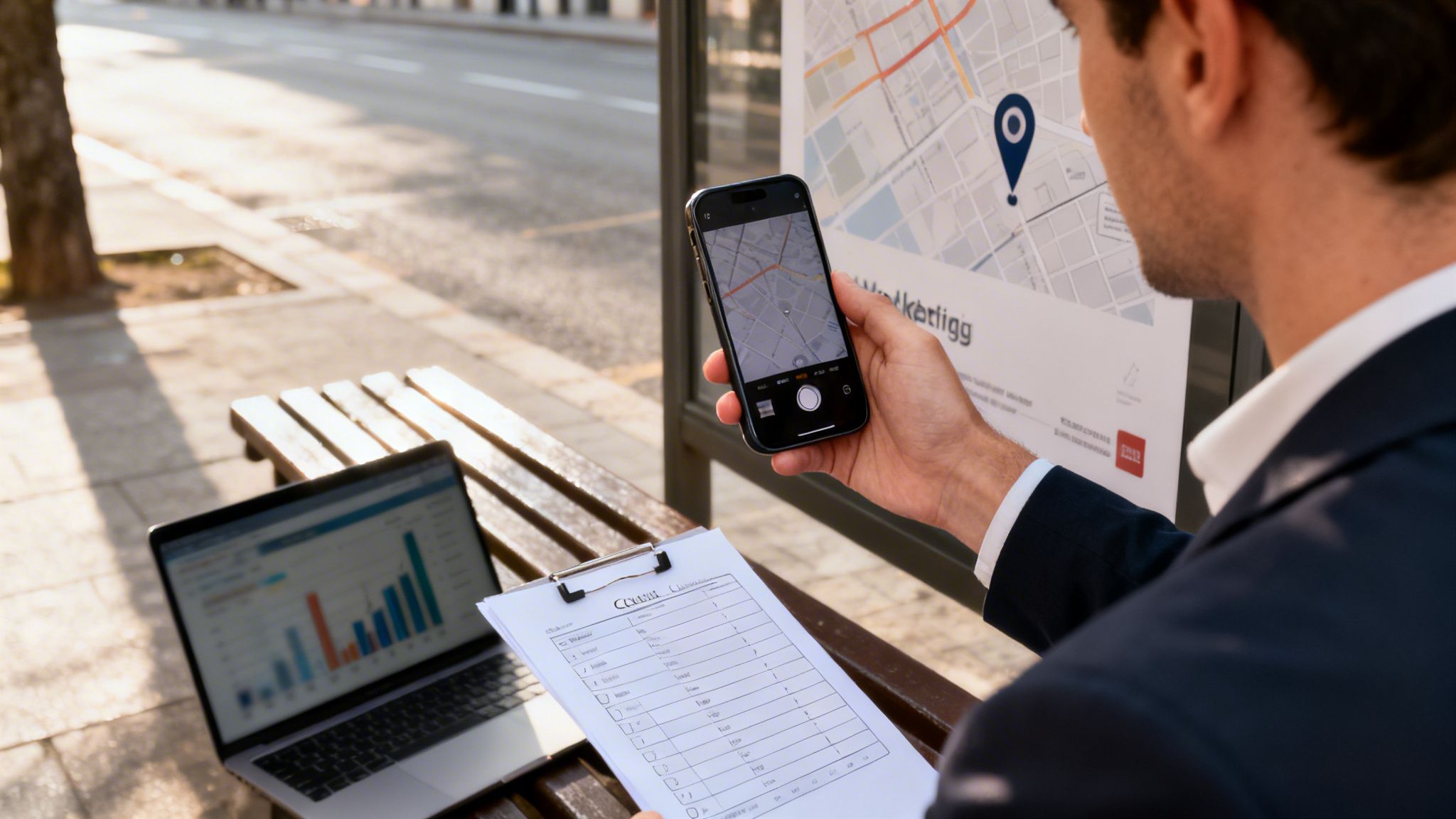 Un profesional fotografía un mapa con su móvil, con portátil y portapapeles en un banco.