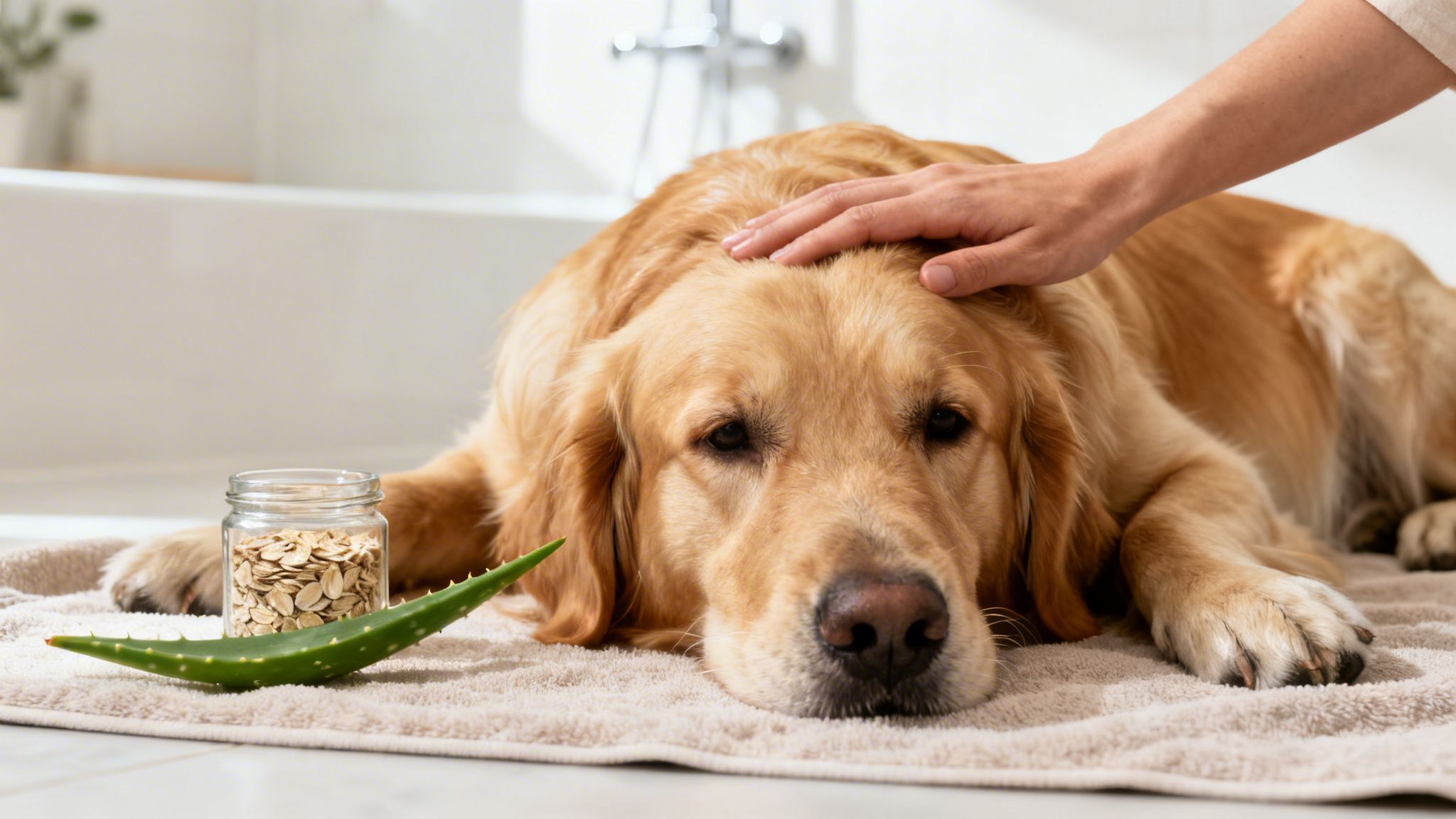 Golden retriever siendo acariciado en una toalla, con avena y aloe vera para el cuidado natural.