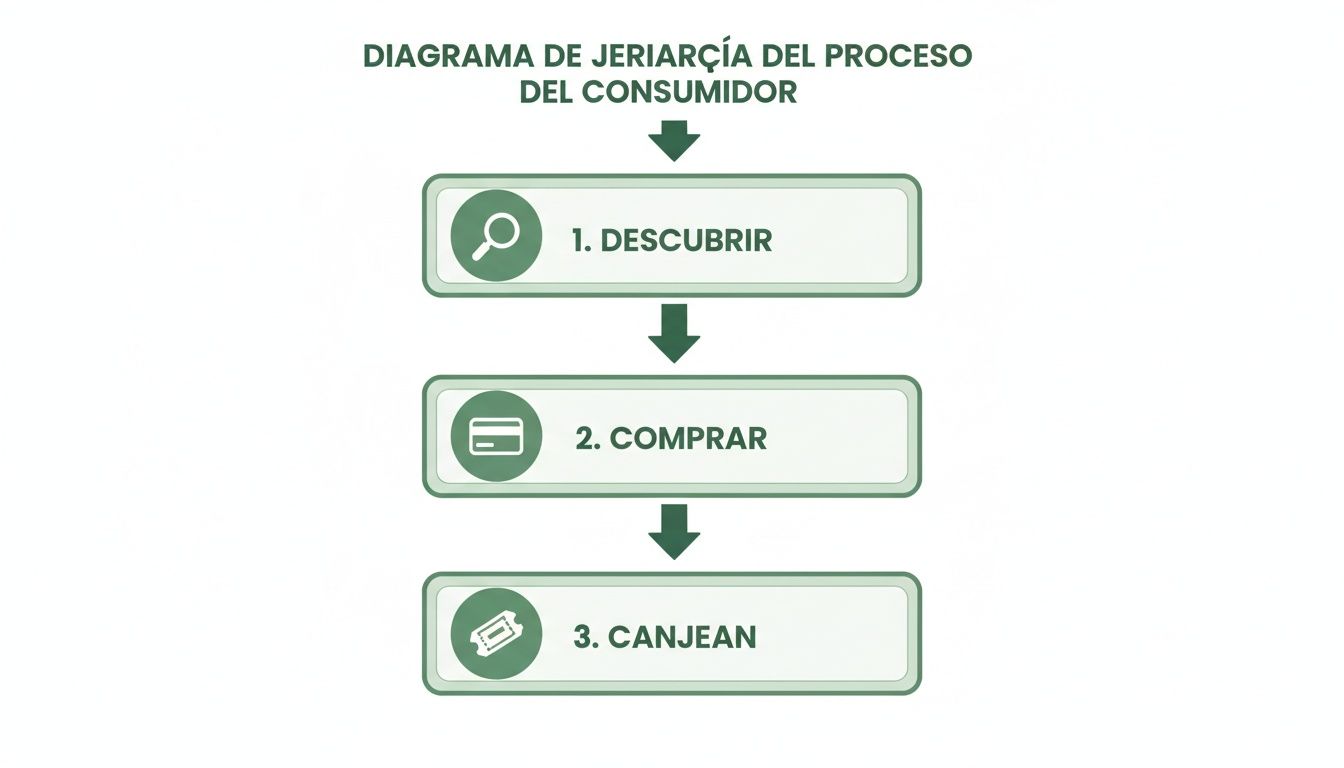 Diagrama de jerarquía del proceso del consumidor con los pasos: Descubrir, Comprar y Canjear.
