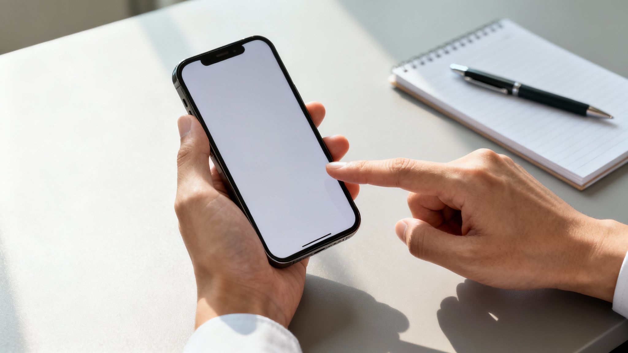Manos de persona usando un smartphone con pantalla en blanco y un cuaderno en la mesa.