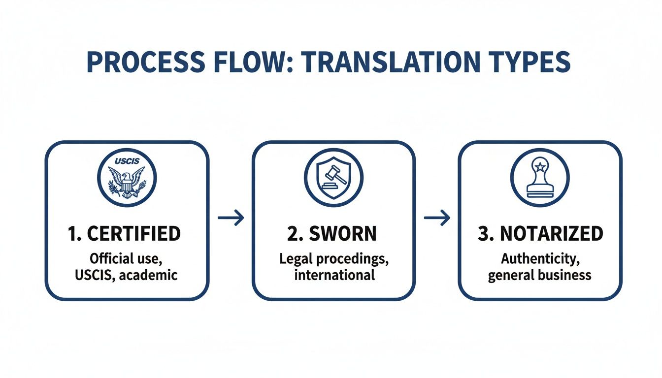 Process flow diagram illustrating three translation types: Certified, Sworn, and Notarized, with their respective uses.