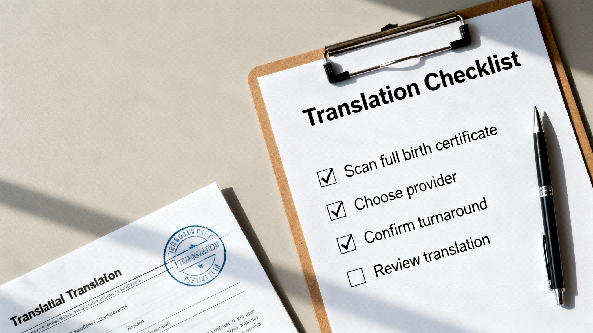 A translation checklist on a clipboard, showing steps for document translation including scanning a birth certificate.