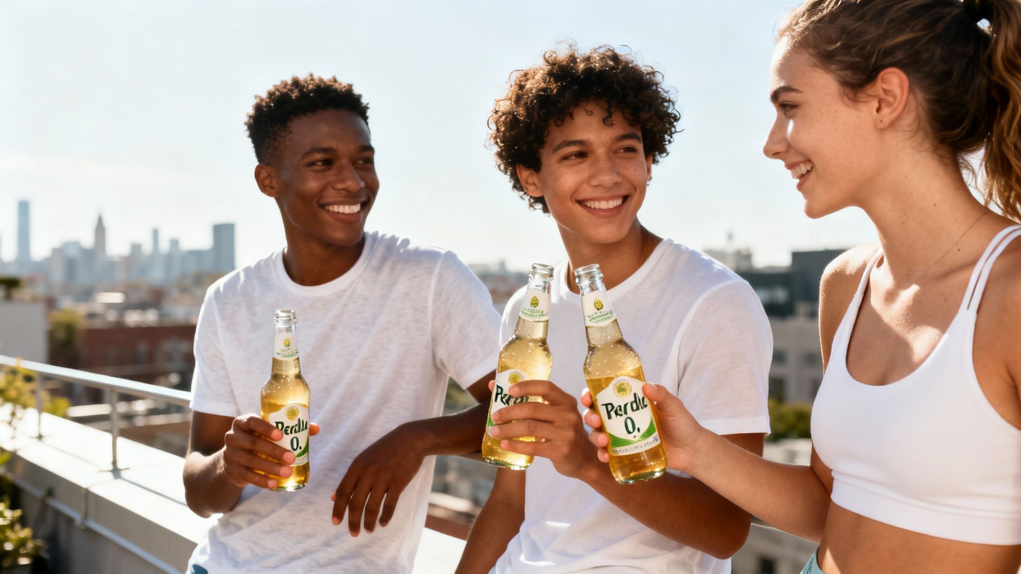 Tres jóvenes sonrientes en una azotea, brindando con botellas de Perdix 0.0, con un paisaje urbano de fondo.