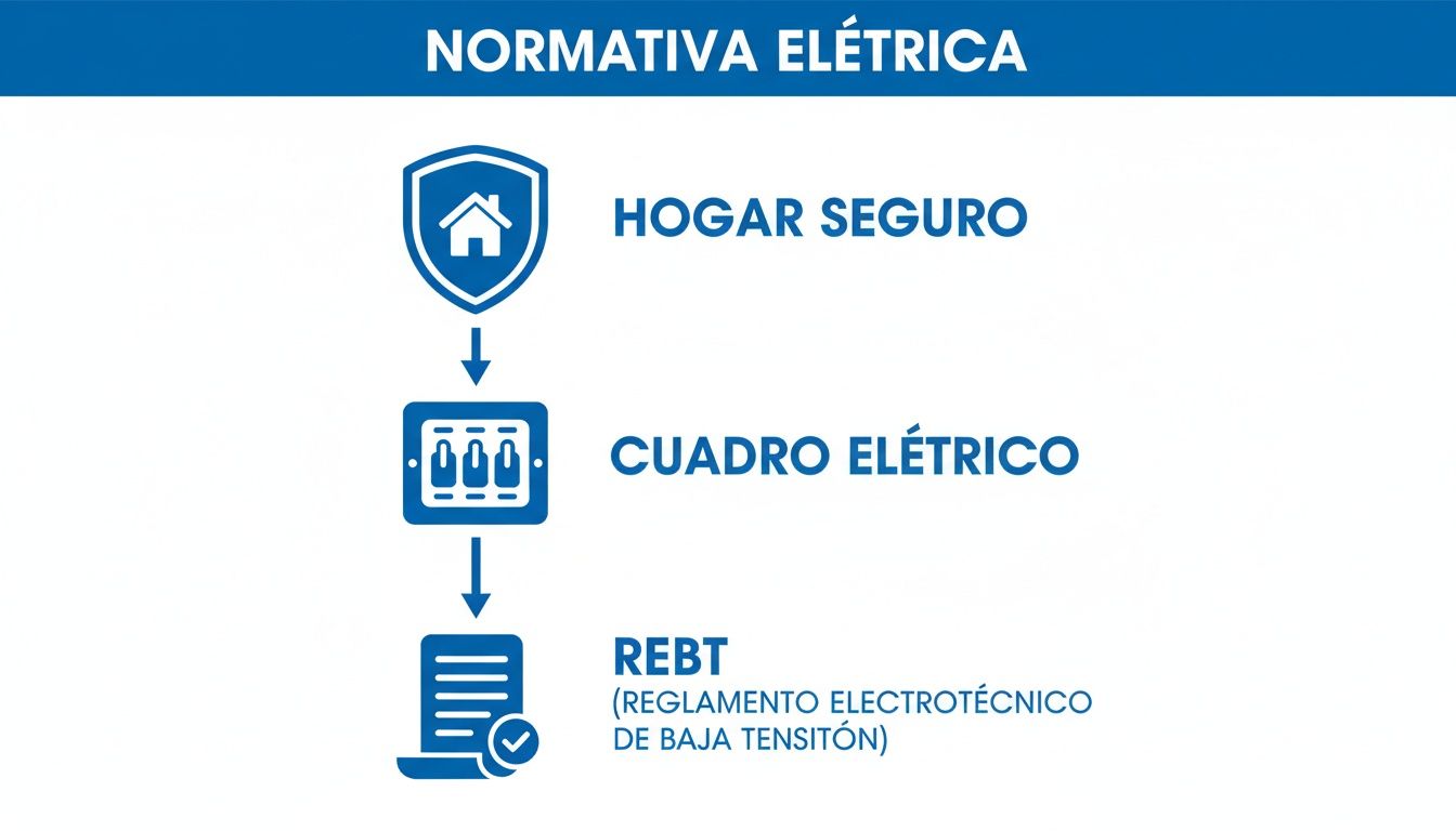 Diagrama que ilustra la normativa eléctrica esencial para un hogar seguro, desde el cuadro eléctrico hasta el REBT.