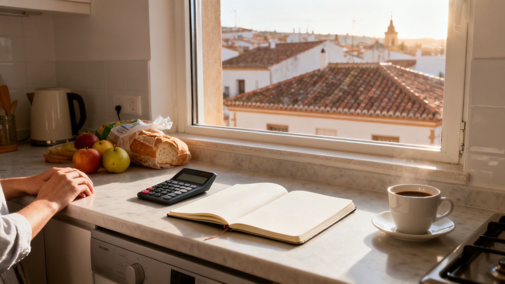 Manos sobre la encimera de una cocina con calculadora, cuaderno, café y comida. Vista de tejados españoles al atardecer.