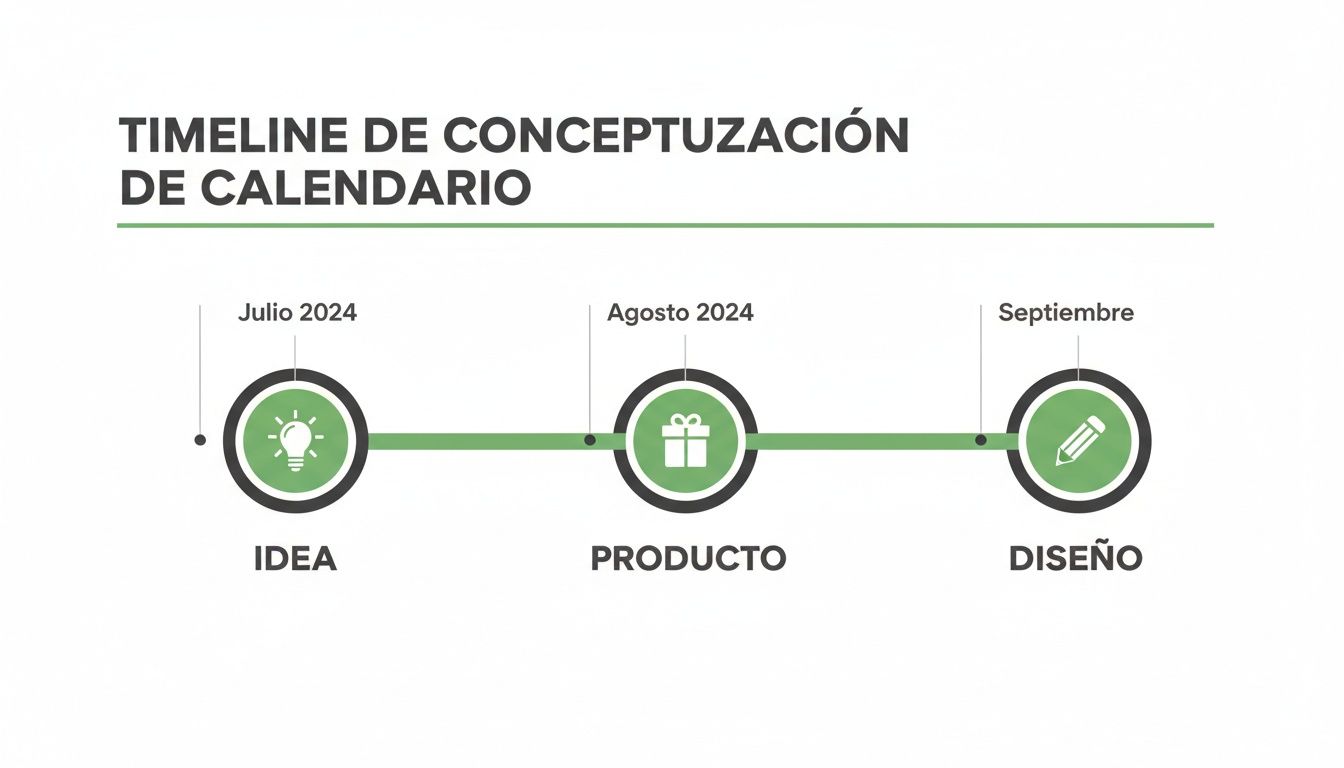 Cronograma de conceptualización de calendario para 2024, mostrando las etapas de idea, producto y diseño con fechas.