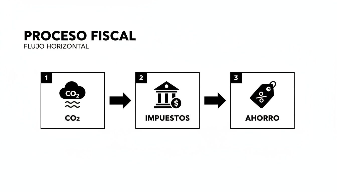 Diagrama de flujo horizontal que ilustra el proceso fiscal, conectando CO2, impuestos y ahorro.