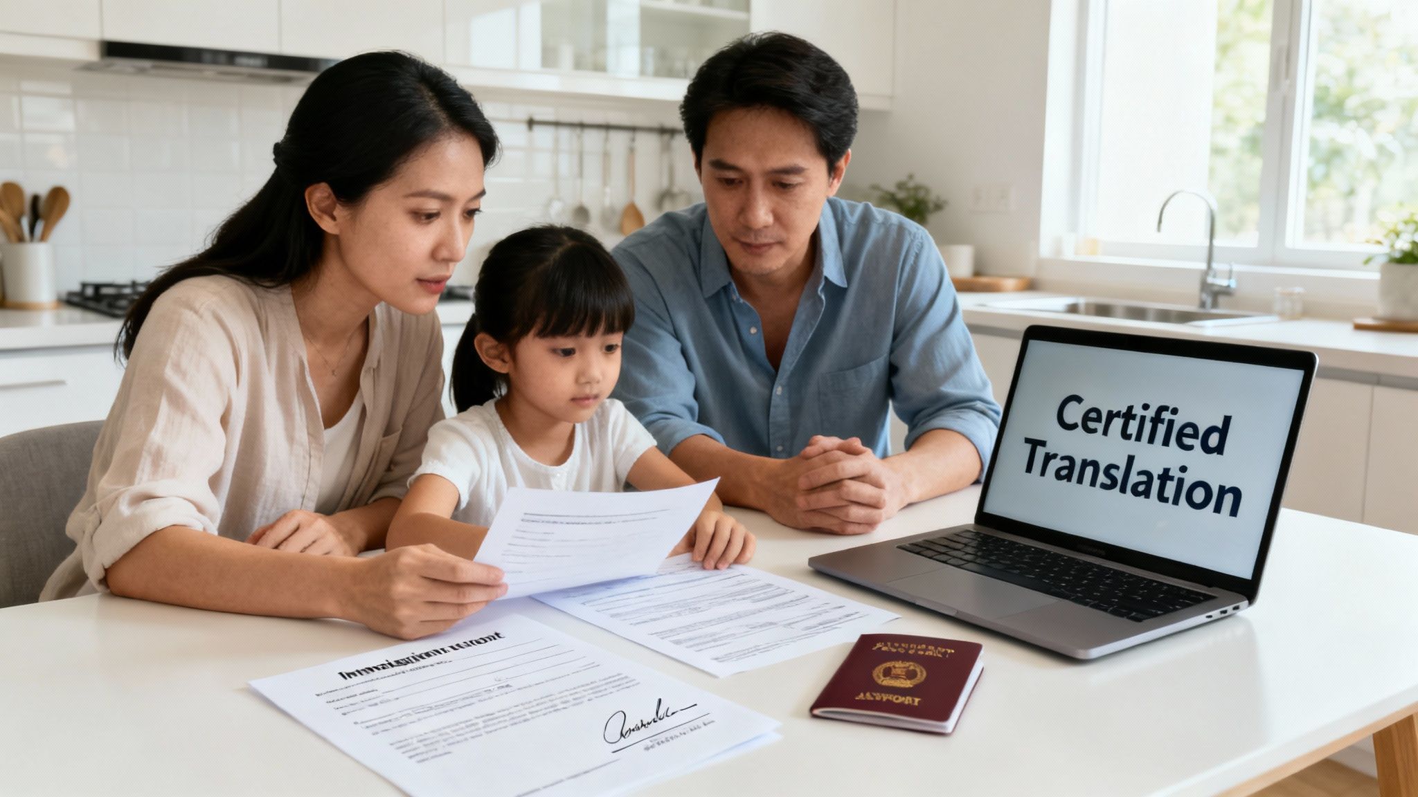Asian family reviewing immigration documents and a passport, with a laptop displaying 'Certified Translation'.